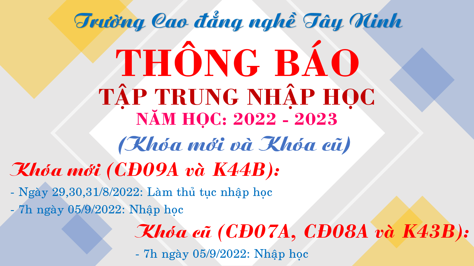 Thông báo nhập học năm học 2022-2023